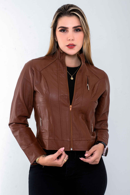 Chaqueta Efecto Cuero Clásica Café