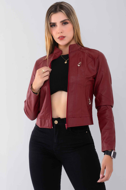 Chaqueta Efecto Cuero Clásica Vinotinto