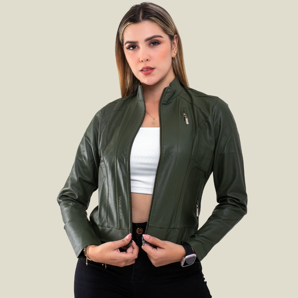 Chaqueta Efecto Cuero Clásica Verde Oliva
