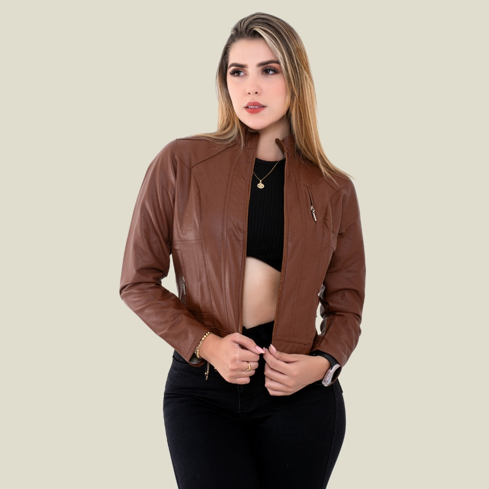 Chaqueta Efecto Cuero Clásica Café