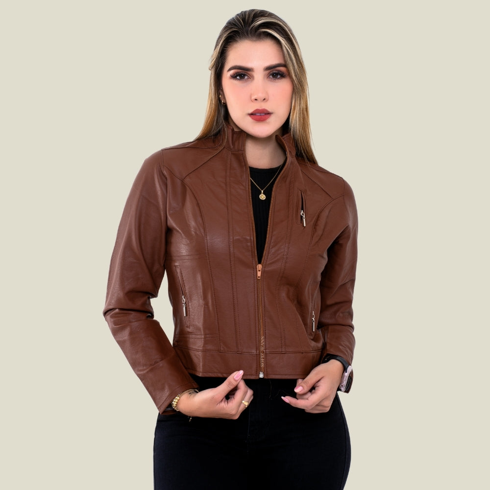 Chaqueta Efecto Cuero Clásica Café