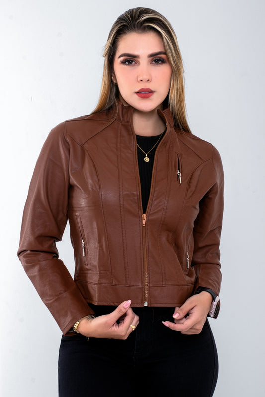 Chaqueta Efecto Cuero Clásica Café