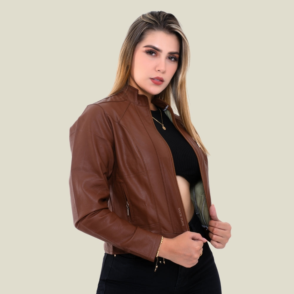 Chaqueta Efecto Cuero Clásica Café