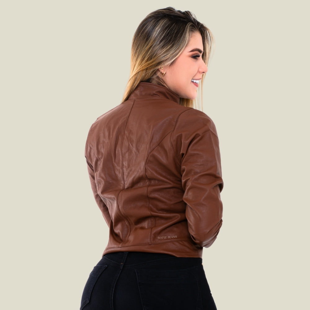 Chaqueta Efecto Cuero Clásica Café