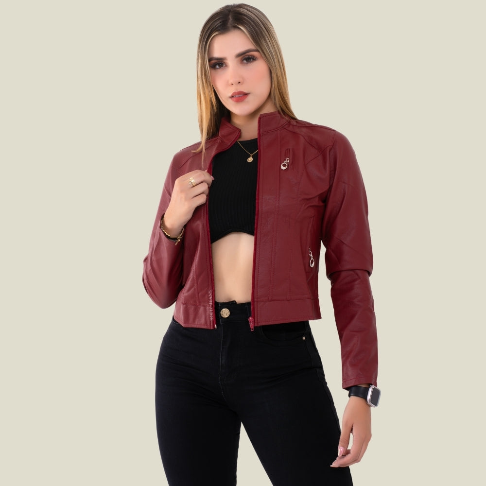 Chaqueta Efecto Cuero Clásica Vinotinto