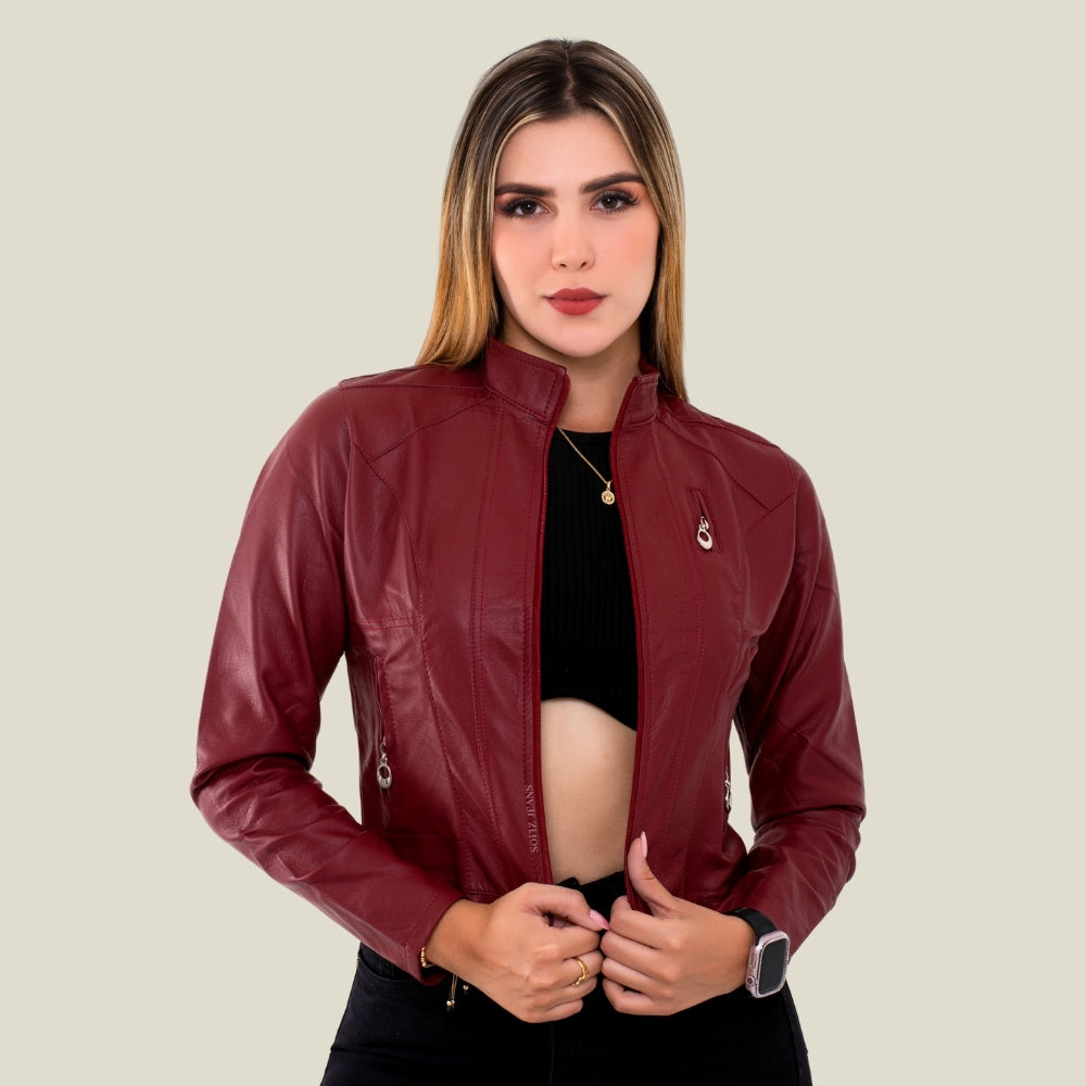 Chaqueta Efecto Cuero Clásica Vinotinto