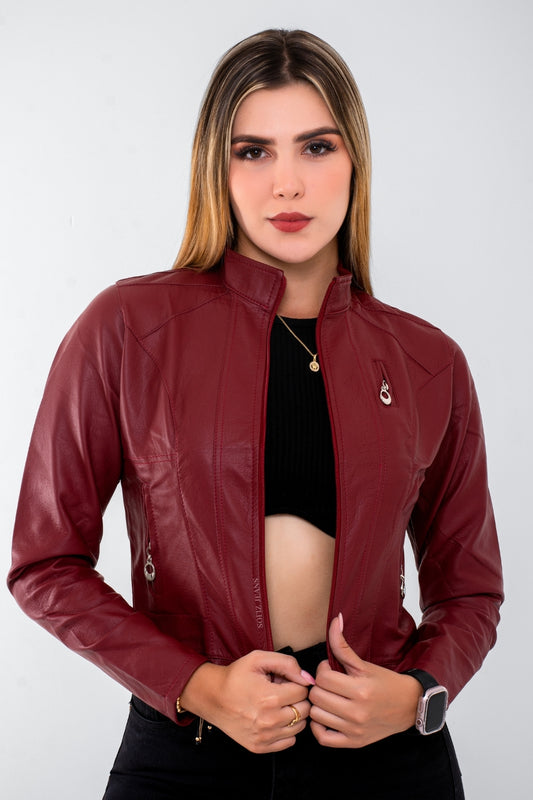 Chaqueta Efecto Cuero Clásica Vinotinto