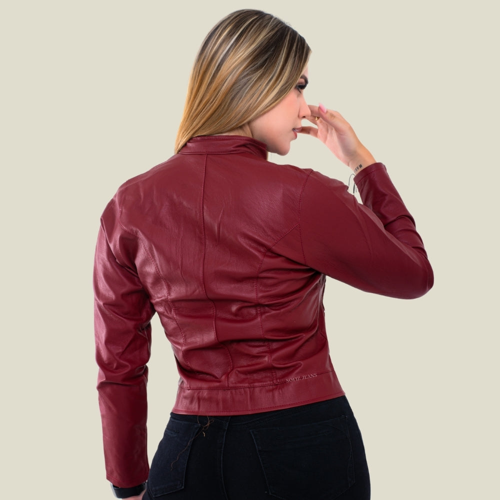 Chaqueta Efecto Cuero Clásica Vinotinto