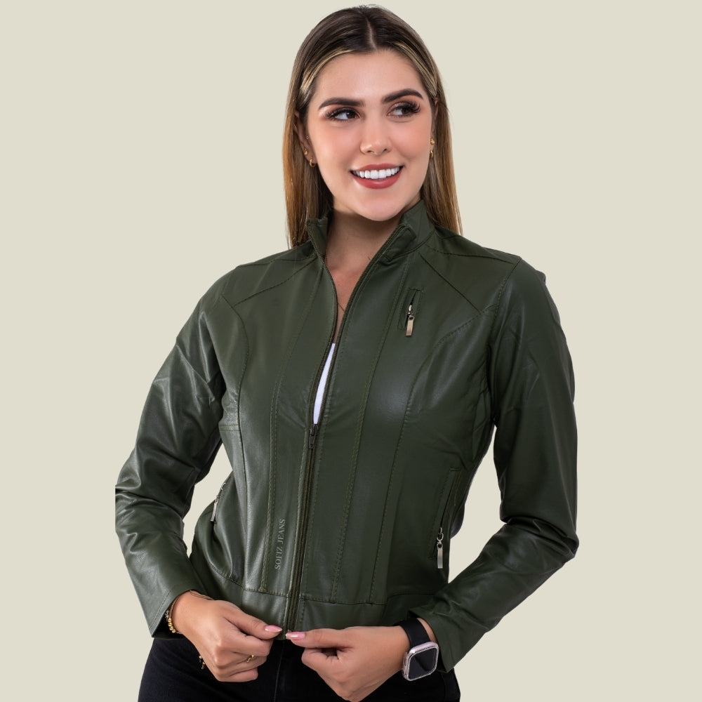 Chaqueta Efecto Cuero Clásica Verde Oliva