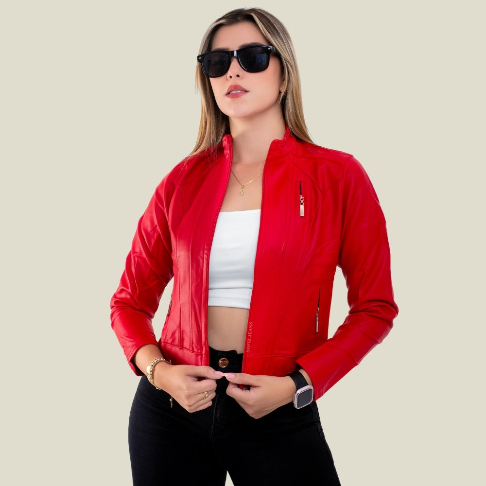 Chaqueta Efecto Cuero Clásica Rojo Vivo