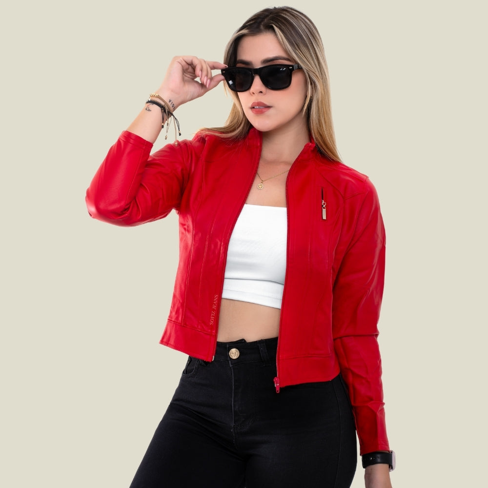 Chaqueta Efecto Cuero Clásica Rojo Vivo