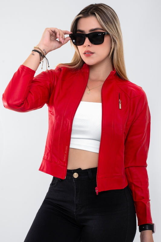 Chaqueta Efecto Cuero Clásica Rojo Vivo