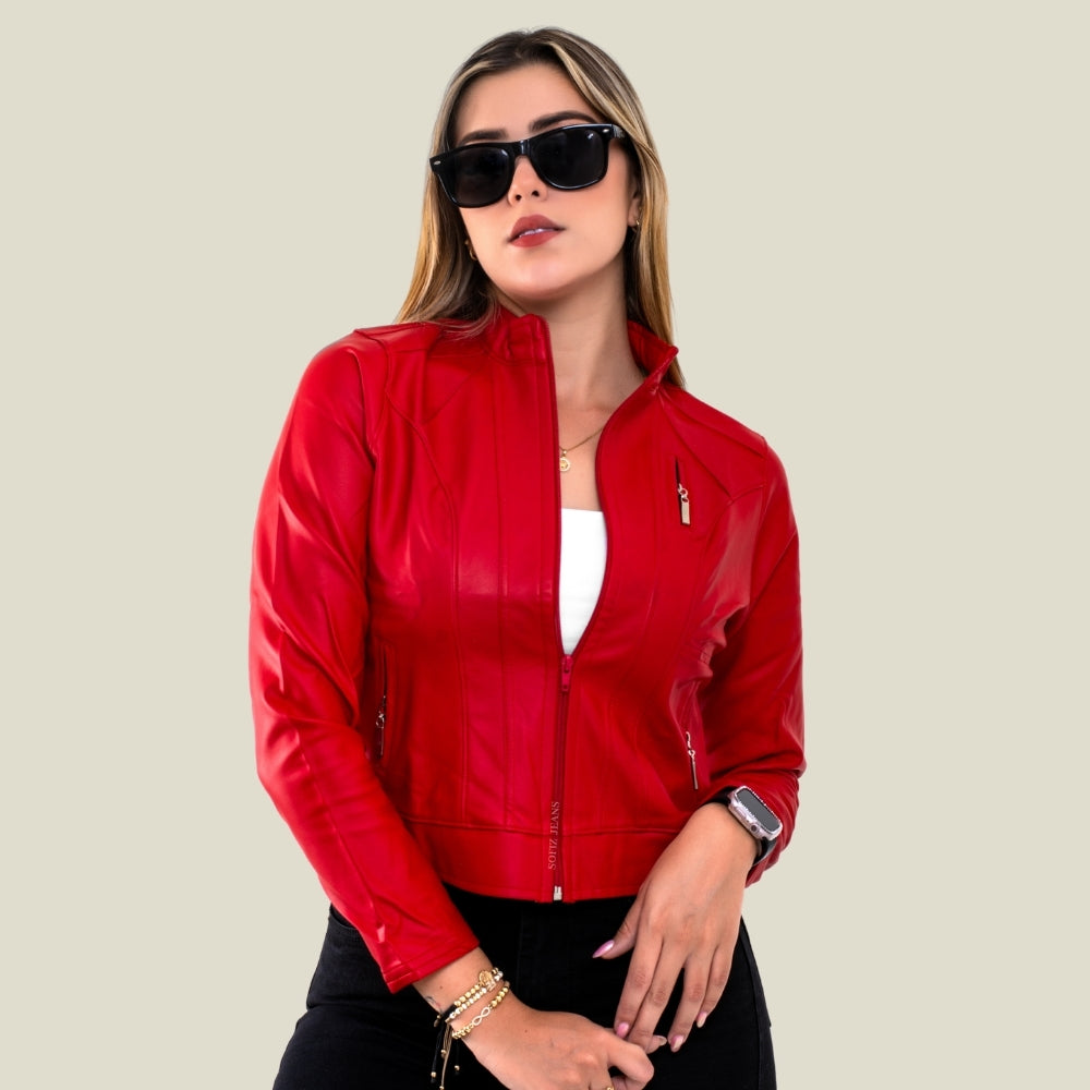 Chaqueta Efecto Cuero Clásica Rojo Vivo