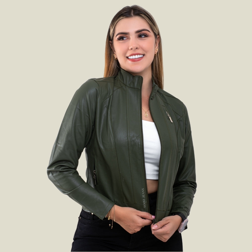 Chaqueta Efecto Cuero Clásica Verde Oliva