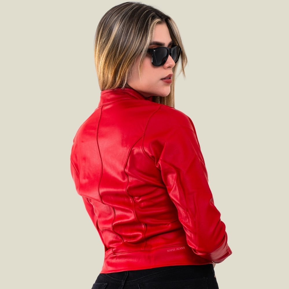 Chaqueta Efecto Cuero Clásica Rojo Vivo
