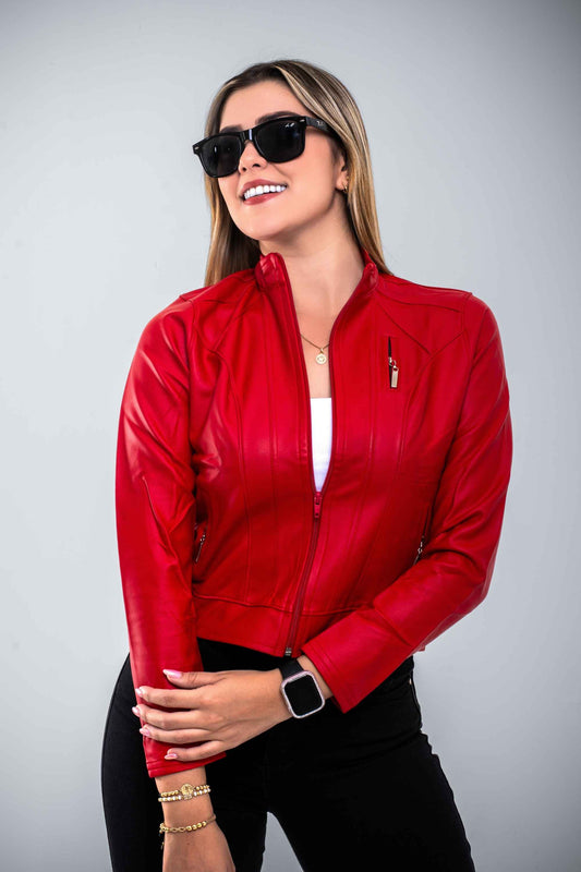 Chaqueta Efecto Cuero Clásica Rojo Vivo