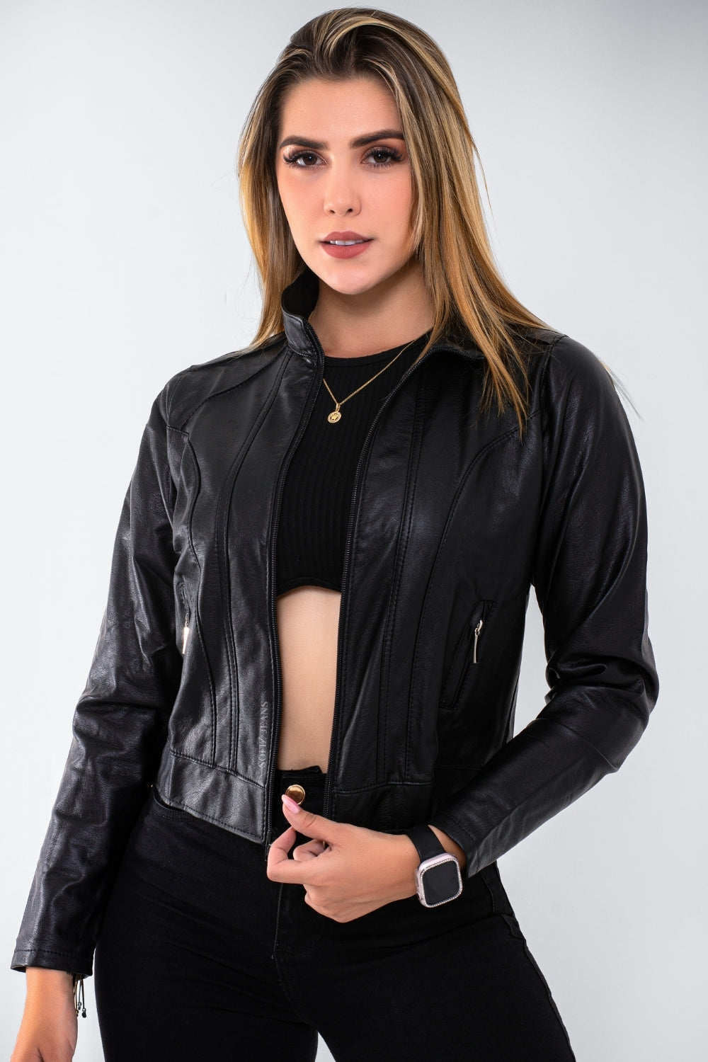 Chaqueta Efecto Cuero Clásica Negro