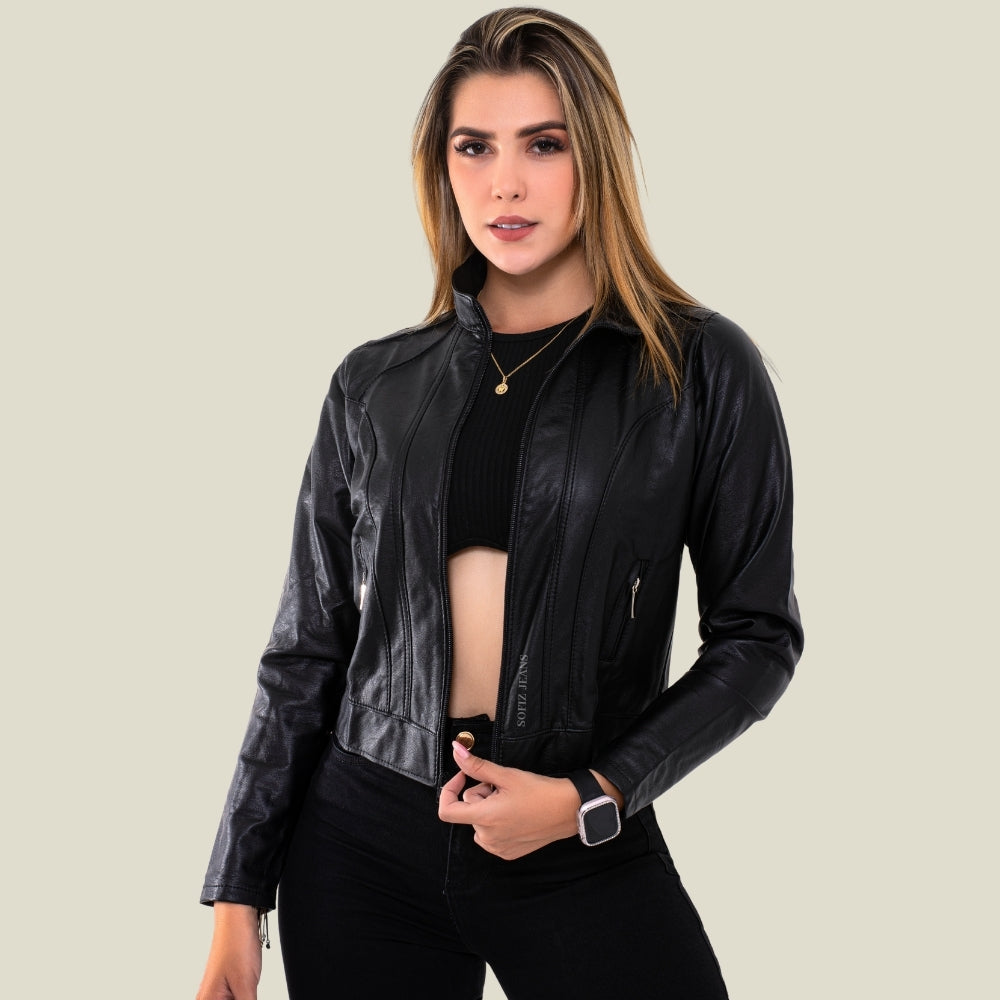 Chaqueta Efecto Cuero Clásica Negra