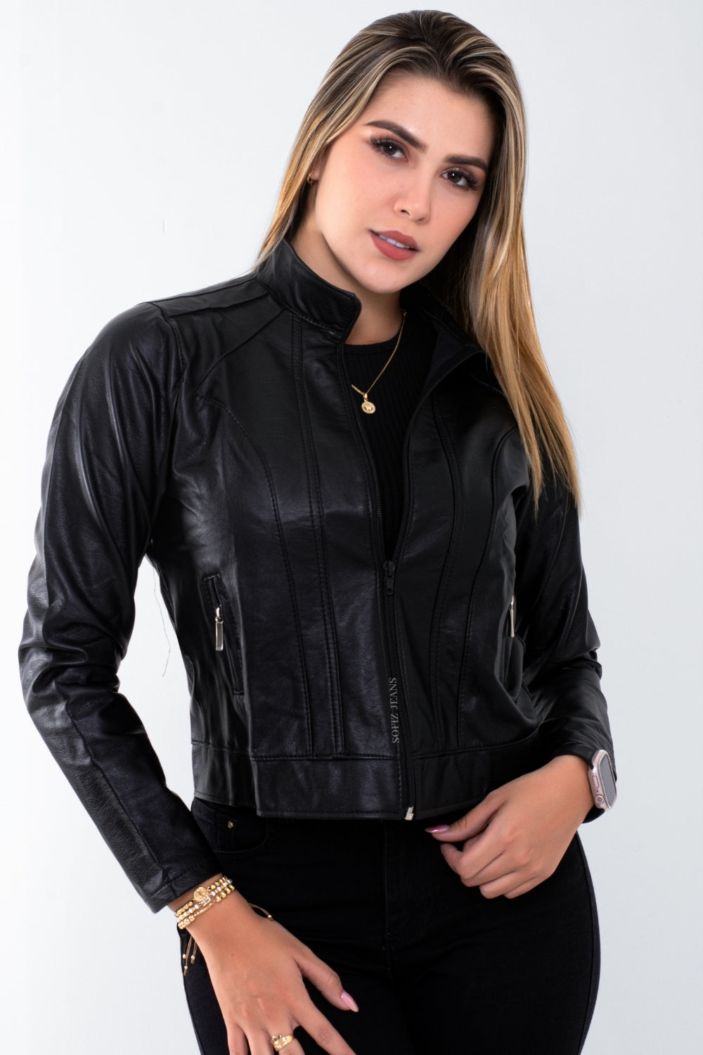 Chaqueta Efecto Cuero Clásica Negro