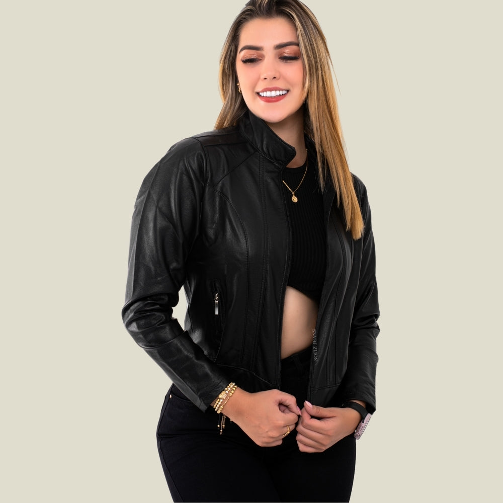 Chaqueta Efecto Cuero Clásica Negra