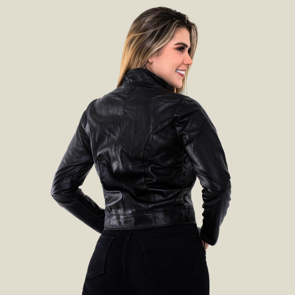 Chaqueta Efecto Cuero Clásica Negra
